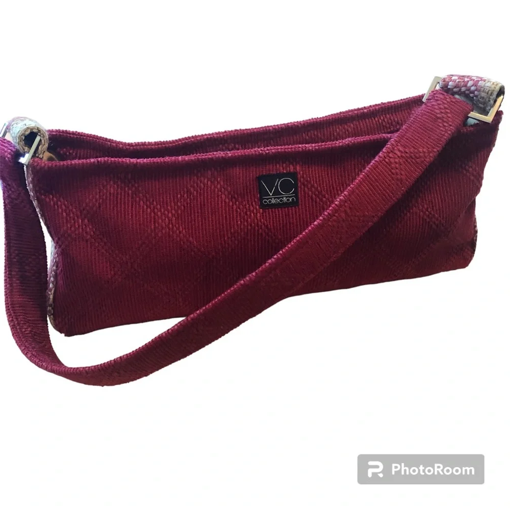 VC collection Red corduroy fabric & cream,brown,red plaid side design hand bag